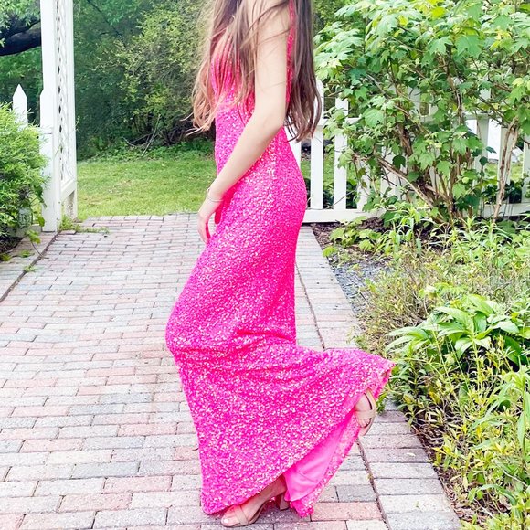 STUNNING PROM HOMECOMING DRESS, Aleta Long Open Back HOT PINK Sequined Lined, 00 - Picture 3 of 12